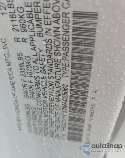 2021 Honda Accord Exl из США, поврежденный, VIN 1HGCV1F53MA025063